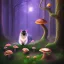 Placeholder: Black cat sitting, mushrooms in a psychedelic forest