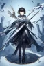 Placeholder: Anime girl with short black hair and sharp green eyes, holding a spear, full body black and white metal plate armour, full body shot, Dramatic lighting,1woman, soaked in blood, Warrior, standing pose, sword at the waist