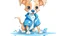 Placeholder: kids style illustration of a cute dog in blue torn pants