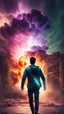 Placeholder: Young man walking towards a building that is exploding at night, with coloured auras and lightning around him