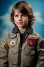 Placeholder: 10-year-old Tom Cruise is posing for his school picture wearing a flight jacket adorned with flying patches - Sparkling, Sky blue Background, professional quality studio 8x10 UHD Digital photograph by Scott Kendall - multicolored spotlight, Photorealistic, realistic stock photo, Professional quality Photograph. colored Fog