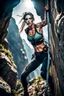 Placeholder: An action shot of a sexy looking zombie mountain climber, dramatic climb, an action shot, sexy crop top and tight leggings, climbing ropes,cinematic poster, cinematic lighting