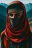 Placeholder: photo of a man with his face covered by a scarf wrapped around his head mountains background