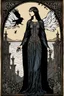 Placeholder: create a deeply powerful tragic, heart wrenching, evocative, and darkly magical full body woodcut of a raw and weathered raven maiden girl with highly detailed and deeply cut facial features, in the style of EDWARD BURNE-JONES, WILLIAM MORRIS, and KATHE KOLLWITZ combined with the comic art style of BILL SIENKIEWICZ and JEAN GIRAUD MOEBIUS, searing lines and forceful strokes