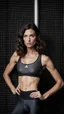 Placeholder: photography of a beautiful anorexic woman, anthracite satin triathlon top, sports illustrated, brunette short wavy bob haircut, pronounced sternum, flat chest, anthracite short leggins