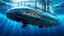 Placeholder: An unique futuristic glass and metal submarine in the ocean, with large of water surrounding it. The submarine bottom positioned in the center of the frame, providing a unique perspective on this streamlined high-techstructure and interior equipment underwater, high detalied, sharp focus, best shot, sci-fi mood