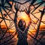 Placeholder: A young woman tries to get out of the agony of cobwebs that surround her geometrically, her hands try to tear the cobwebs, sunset time, dramatic shot, wide lens, dramatic colors, outdoor shot, impressive artwork, 12K