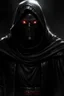 Placeholder: Dark warrior, black robe, not visible face, comic style, red eyes