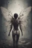 Placeholder: a haunting image of a woman with insect wings protruding from her back as she faces away from us, in despair and pain, her wings that are broken torn and crumbling