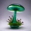 Placeholder: handmade glass art, a forest mushroom, the stem is made of clear transparent glass, small air bubbles and green glass stripes in the core of the stem, the shape is thick at the bottom and narrows at the top. The hat itself is made of purple clear glass where green fused glass is laid as a spiral from the middle outwards on top of the hat and is melted into the hat. The stem is set on a fused purple glass base with yellow glass stripes radiating from the center outwards. Placed in a window