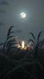 Placeholder: Windblown grass with winds with clouds and moon in the background, high quality picture 8k, beautiful cinematic lighting and all gray colors , a rocket in background