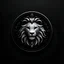 Placeholder: A lion logo design, silver logo, silver eyes, circular logo, black background