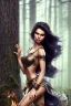 Placeholder: beautiful girl, bodybuild, kräftig, black long gewelltes hair, krone, smile, warrior princess, im wald, night, sehr große oberweite, corsage, lagerfeuer, fantasy art