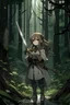 Placeholder: Eris Greyrat from mushoku tensei, holding a sword in a rainy forest