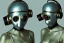 Placeholder: Golden to cyan surfaces body, latex. Tendril-mask-Synthesizer-proboscis. Lightly armored bodies. Metallic headphones and speakers. Hot Russian military girl. Old-fashioned cameras integrated to heads. Suture eyes. Strange Steam-punk Silver tumbler hands! Dystopia perfect body. Mind-download from 1960's computer. Partly symmetrical in relation to the computer. Perfect golden ratio in all directions. Space-corruption. Steam-machines-tubes. Oppressive atmosphere. Thick Mind-upload-cable. Propaganda