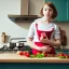 Placeholder: Realistic photo Russian shorthair beautiful tomboy boyish boylike young mother wide hips in kitchen