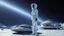 Placeholder: "Artistic photography (((FULL BODY from HEAD to FEET +profile))), enormous almond shape lighted crystal clear eyes, she is gorgeous, dressed in a white shiny jumpsuit she is a gorgeous smiling extra terrestrial woman with indigo purple blue skin with a high elongated skull like Nefertiti, 40 y/o asian, she wears white snow boots, and she is outside on the flying saucers large landing deck of the space station in cosmos.