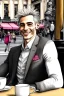 Placeholder: One single mature rich cockatoo with expensive clothes, sitting in a café on the street, Vienna, laughing, colour, model style, hyper realistic, extremely accurate, delicate, extremely detailed, Graphic novel style, wide-angle, open aperture, superfine pencil