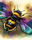 Placeholder: Fantasy Art Nouveau Watercolor close up macro of a bumblebee. bright vivid pretty colours. some purples. steampunk