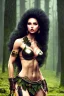 Placeholder: beautiful girl, bodybuild, kräftig, black long curly hair, krone, smile, warrior princess, im wald, night, sehr große oberweite, corsage, lagerfeuer, fantasy art