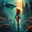 Placeholder: Barbarella, a fishing rod in hand, stands in murky waters of a post-apocalyptic underwater city. surreal scene , dreamlike, metropolis submerged in chaos , blood and danger. in the sunsets she stands with a fierce sense of power, surrounded by circling sharks. The sharks' teeth moving in the light, add to the tension. weirder the better. Bigger monsters. Stronger hero