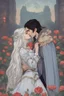 Placeholder: A couple from the dnd game curse of Strahd kissing. She has white hair he has long black hair.