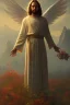 Placeholder: Jesus portrait , detailed hands, at dawn by atey ghailan, golden light , white robe, holding leaves and flowers , angels background, volumetric light, high detail, red leaf tree, mountains in background, perfect