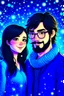Placeholder: Christmas scene, dark haired couple, man with short black beard and glasses, woman with long hair, blue eyes, young couple, graphic