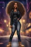 Placeholder: Create a digital airbrush cartoon of an African American female wearing a black jean outfit with timberland boots. Prominent make up with hazel eyes. She is wearing large diamond hoop earrings. Extremely highly detailed very long curly hair that shines. Background of a night club.