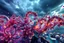 Placeholder: Dynamic complex hypnotic fractal 3D structures horizontal Symmetry twisting and morphing between plants and geometric forms , smooth translucent iridescent glass with inner glow and bubbles, varied transparent materials, stormy skies, intense dramatic