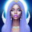 Placeholder: portrait of a beautiful somalian woman with an angel face smiling,long blond hair, blue eyes, pink and blue dress, jewels, soft light aura