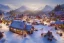 Placeholder: highly detailed small village scene in skelig harbor, sunrise, illustration, background snowy mountains, christmas lights, cinematic lighting, 4k, 8k, octane render, digital concept art, trending on artstation, pinterest, extremely detailed, ambient lighting.