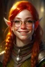 Placeholder: A smiling, young, elf, girl, with bright red hair, freckles, religious cleric, wearing chain mail armor and thick glasses that make her eyes big and pointed ears