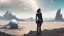 Placeholder: A woman in a catsuit standing on a beach of an alien world, in a rocky crystal-covered landscape with a crashed spaceship in the distance