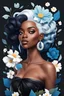 Placeholder: create a whimsical logo style image with exaggerated features, 2k. with a black woman wearing a black off the shoulder blouse, blue and white hair, background of black and blue large flowers