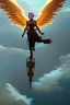 Placeholder: steampunk angel flying above the ocean, pale, golden glow, majestic