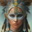 Placeholder: war painted pueblo Indian female,detailed eyes, blue eyes,, disturbed expression.intricate detaile,thnically accurate face, intricate head dress,detailed turquoise jewelry, detailed hair, detailed feathers, use dynamic palette, accurate proportions, high contrast black smokey bokeh background.studio ghibli,andrea bonelli,Kilian Eng,Ohrai, korra character, style.