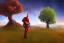 Placeholder: A tree,on a valley,blue deep sky, Colourful meadow,and a man in red with a gun like a heist,details,texture,8k quality, 89 meters snapshot, Expressionism