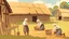 Placeholder: young and old people working in the field near medieval barns