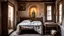 Placeholder: poor European small village room with a narrow old vintage wooden bed, large white pillows at the end of the bed, an old wardrobe, a small wooden table by the wall with a kerosene lamp on it, a religion painting of the Virgin Mary the blessed mother with sacred heart on the wall, an old rectangular mirror on the wall, the wooden framed window simple poor village furniture, sharp focus, high realistic, perfect photo,