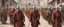 Placeholder: The image depicts a unique moment in the Middle Ages, where five warrior monks walk amidst a crowd of people. The monks are distinguished by their distinctive religious attire, which includes monk robes and armor, combining spirituality with military preparation. The faces of the monks, appearing beneath masks and helmets, convey a mysterious and powerful presence to the onlookers. They may be carrying weapons or religious symbols, enhancing both their spiritual and military readiness. The ima