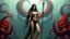 Placeholder: This image appears to be a digital illustration depicting a nude female figure standing in front of a surreal, fantastical background featuring large, red sea creatures or organisms. The figure has long, dark hair and is holding a staff or wand. The overall style and subject matter suggest this is a fantasy or occult-themed digital artwork