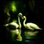 Placeholder: two swans in a romantic lake, dark green and warm yellow color, fantasy atmosphere, photo quality