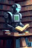 Placeholder: The library is serviced by computers, and there are many books on the shelves. The robot sits at the table and searches for books in the catalog in the computer Expression. High-quality drawing, 8K