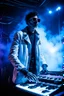 Placeholder: French cool synth player, he is called "Jean-Maurice Brûlée" performing at dance club, his name is "Jean-Maurice Brûlée" , white and blue Neon lights and smog, and "URANIUM" big sign on the wall, he is playing on synthesizers on stage with lot of laser beams and wearing black sunglasses, an earth is projected in background