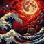 Placeholder: Red Skies at Night: A single integrated pointillist image, animated waves and storm clouds partially occludes the huge moon, nighttime over a trippy tilted storm at sea, sailing ships, strong style of pointillism, style of Mikalojus Konstantinas Ciurlionis, style of Miriam Schapiro, style of Naomi Okubo