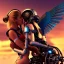 Placeholder: great illustrator, spanish, realistic rendering of a cute spanish girl kissing a cybergirl with wings. beautiful, simmetric, steampunk style. Helmet with tubes. Machinery in the background. Robotic bird flying. High details. 4k. unreal engine, sunset