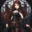 Placeholder: Icon or avatar. An arrogant looking young woman with pale skin and long brown hair in a stormy dark fantasy setting with intricate details. She is smirking, wearing black and read leather, has red eyes, an air of malevolent power surrounds her. Anime style. High definition.