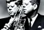 Placeholder: Lonely John f kennedy playing A normal saxophone with his eyes closed and puffy cheeks