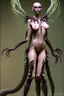 Placeholder: gorgeous female humanoid alien full body model, standing in a beckoning pose, tentacles, orichalcum jewelry and piercings. exquisite beautiful face, lips parted slightly, succubus wings and horns